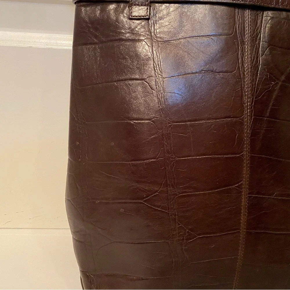 FALOR ITALY SHOULDER BAG TOTE BROWN LEATHER CROCO LOOK 2 STRAP SNAP CLOSE